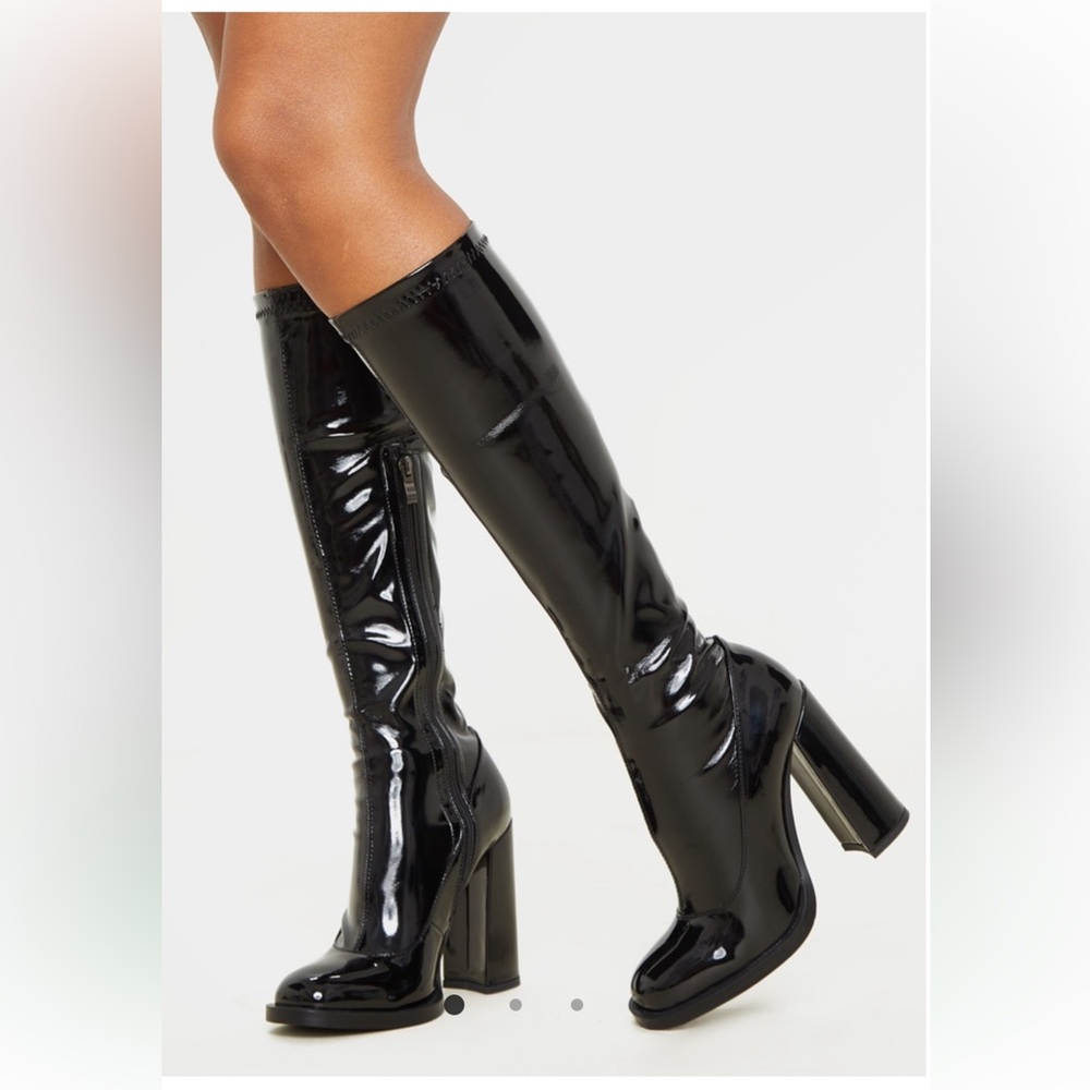 Black Knee High Block Heel Sock Boot